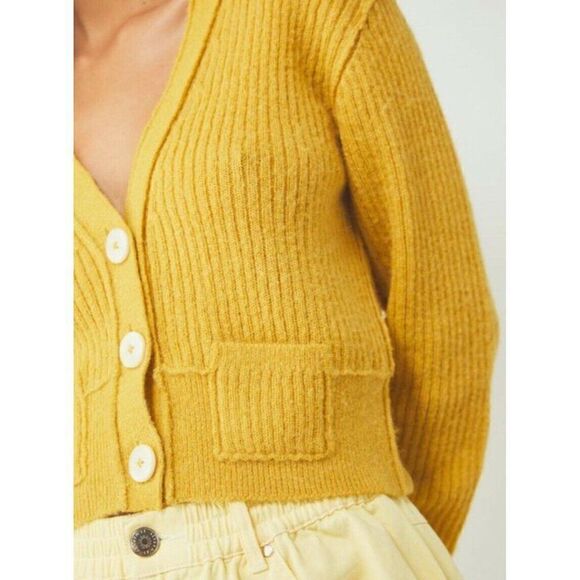 NWT FREE PEOPLE Sz M MIMOSA RIBBED CROPPED CARDIGAN SWEATER In SUNSHINE - Picture 5 of 5
